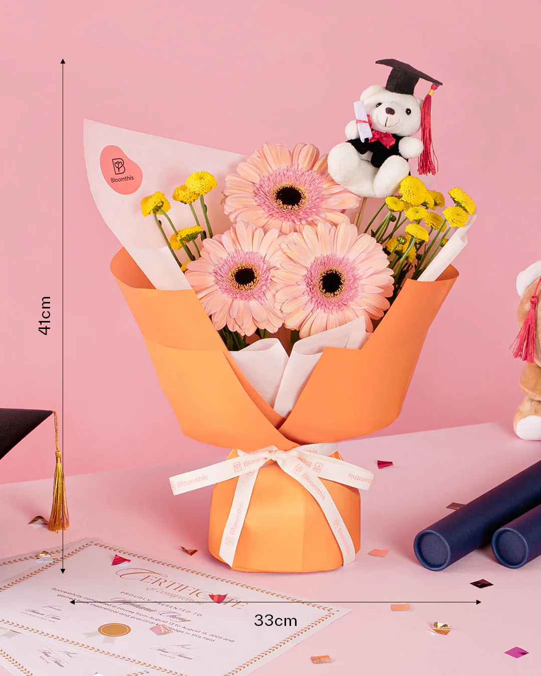 Beverly Peach Gerbera Graduation Bear Bouquet - Image 4