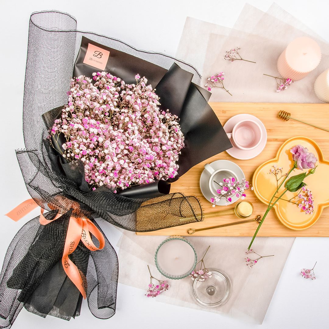 Cora Black Pink Baby's Breath Bouquet - Image 6
