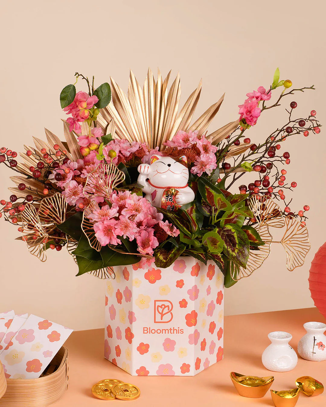 Fortune Cat Chinese New Year Artificial Flower Box 2026