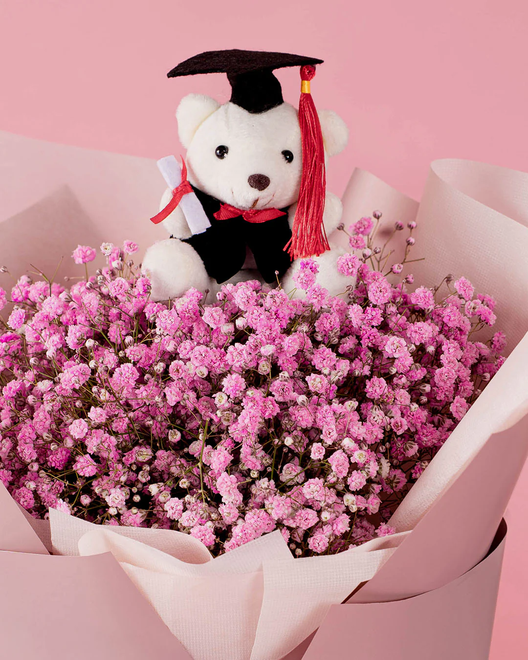 Janice Pink Baby's Breath Graduation Bear Bouquet - Image 3