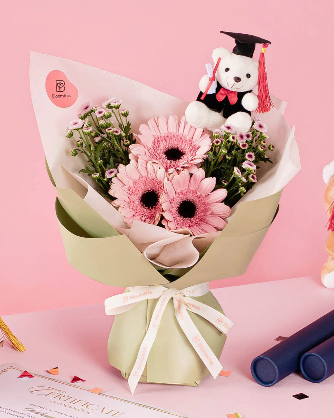 Sylvie Pink Gerbera Graduation Bear Bouquet