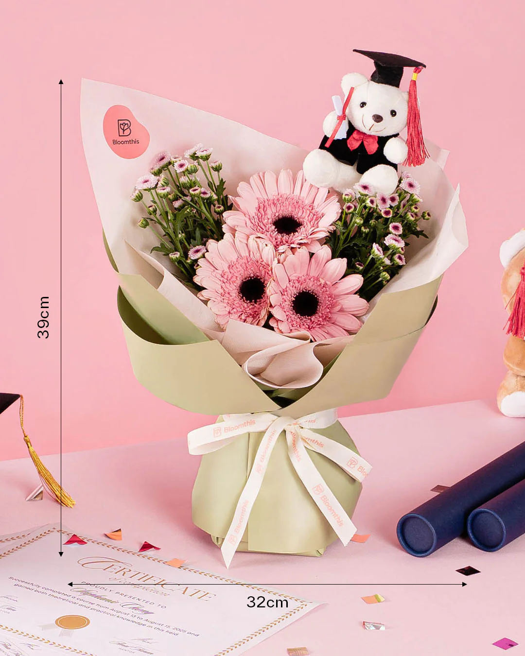 Sylvie Pink Gerbera Graduation Bear Bouquet - Image 4