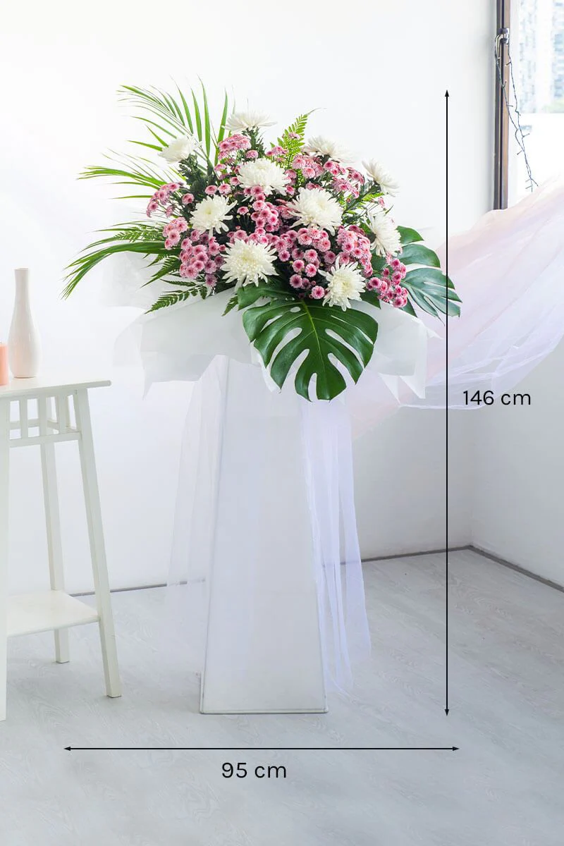 Tanya Pink Button Pom Pom Condolence Flower Stand - Image 4